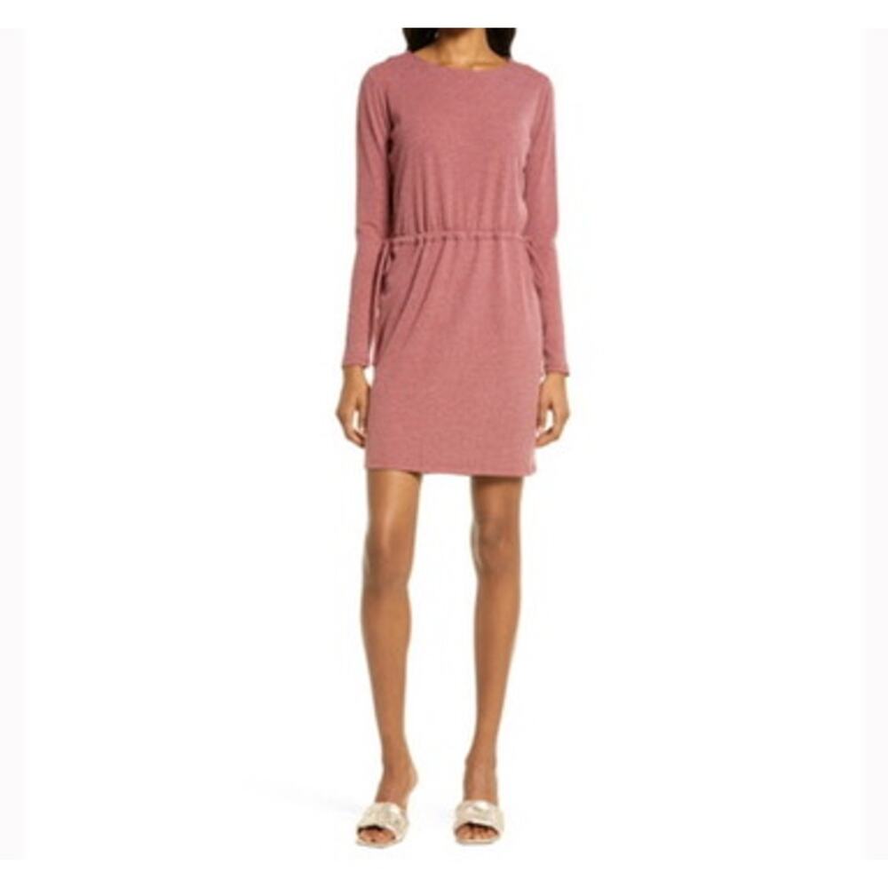 Charles Henry Ribbed Knit Mini Dress Scoop Neck Long Sleeve Pink Women's M Cinch